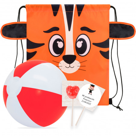 Borsa Tiger con pallone da spiaggia e lecca-lecca con adesivo personalizzato per i dettagli della laurea