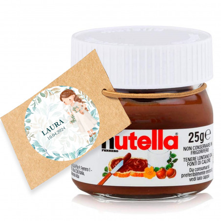 Nutella 25 gr. con etichetta appesa e adesivo personalizzato per i dettagli della comunione della bambina