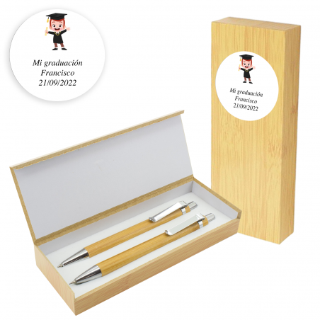 Penna e portamine in custodia di bambù con adesivo personalizzato per la laurea del ragazzo