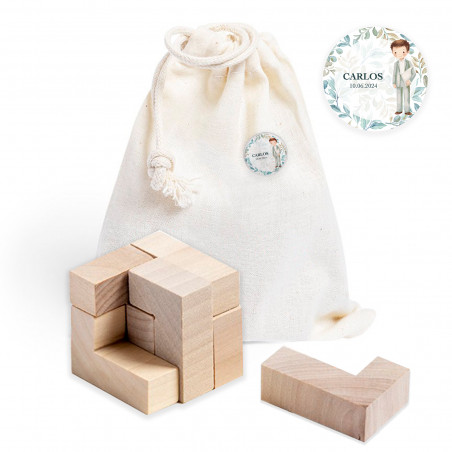 Tetris quadrato in legno con sacchetto in stoffa e targhetta personalizzata per la comunione del bambino