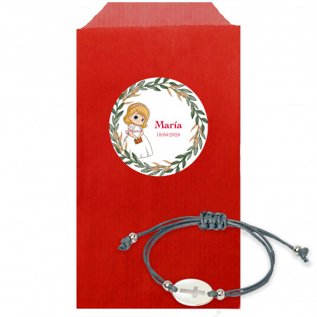 Bracciale in corda con charm a forma di croce in busta con adesivo comunione bambina personalizzato
