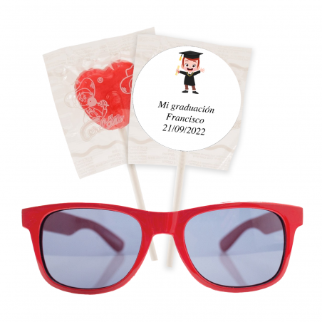 Occhiali da sole rossi per bambini con lecca-lecca a forma di cuore e adesivo personalizzato per laurea