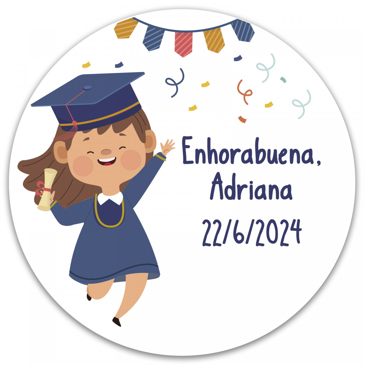 Adesivo rotondo personalizzato di 3 cm per la laurea di una ragazza