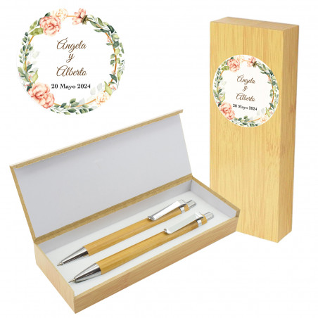 Set da scrittura con penna a sfera e matita meccanica in astuccio di bambù con adesivo personalizzato per matrimonio