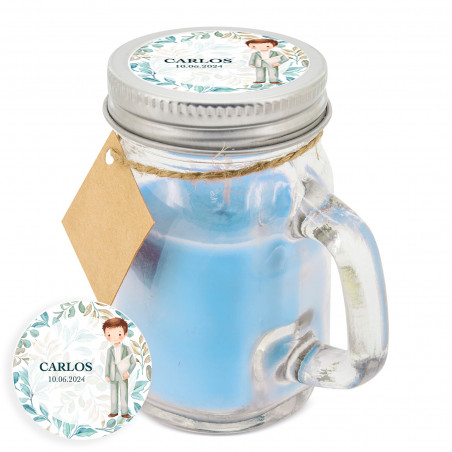 Candela aromatica con adesivo personalizzato per dettagli di comunione bambino