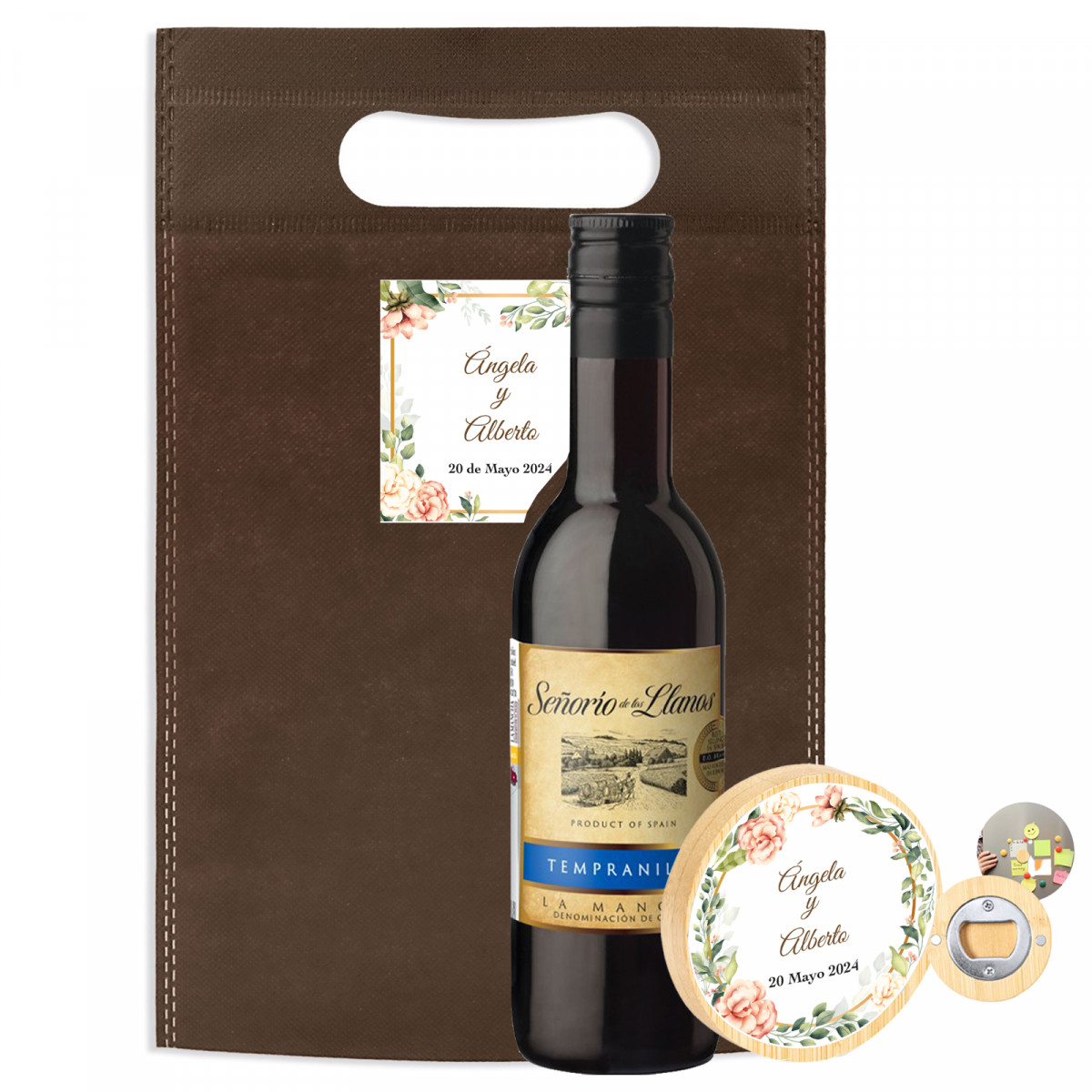 Piccola bottiglia di vino regalo con apriscatole magnetico personalizzato in sacchetto regalo