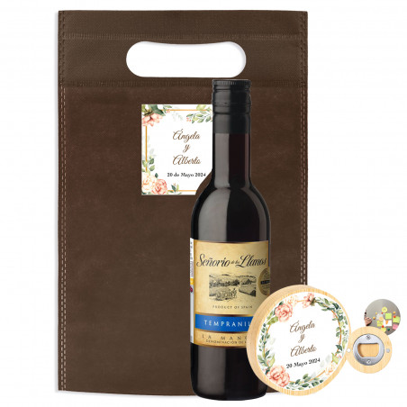 Piccola bottiglia di vino regalo con apriscatole magnetico personalizzato in sacchetto regalo