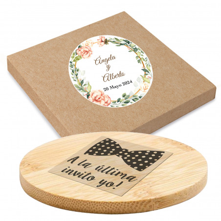 Sottobicchiere in bamboo in scatola regalo e adesivi decorativi