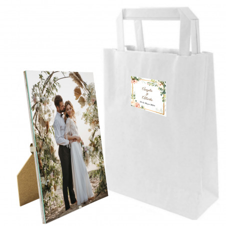 Cornice portafoto senza cornice per regali per gli ospiti in una borsa regalo e adesivo personalizzato