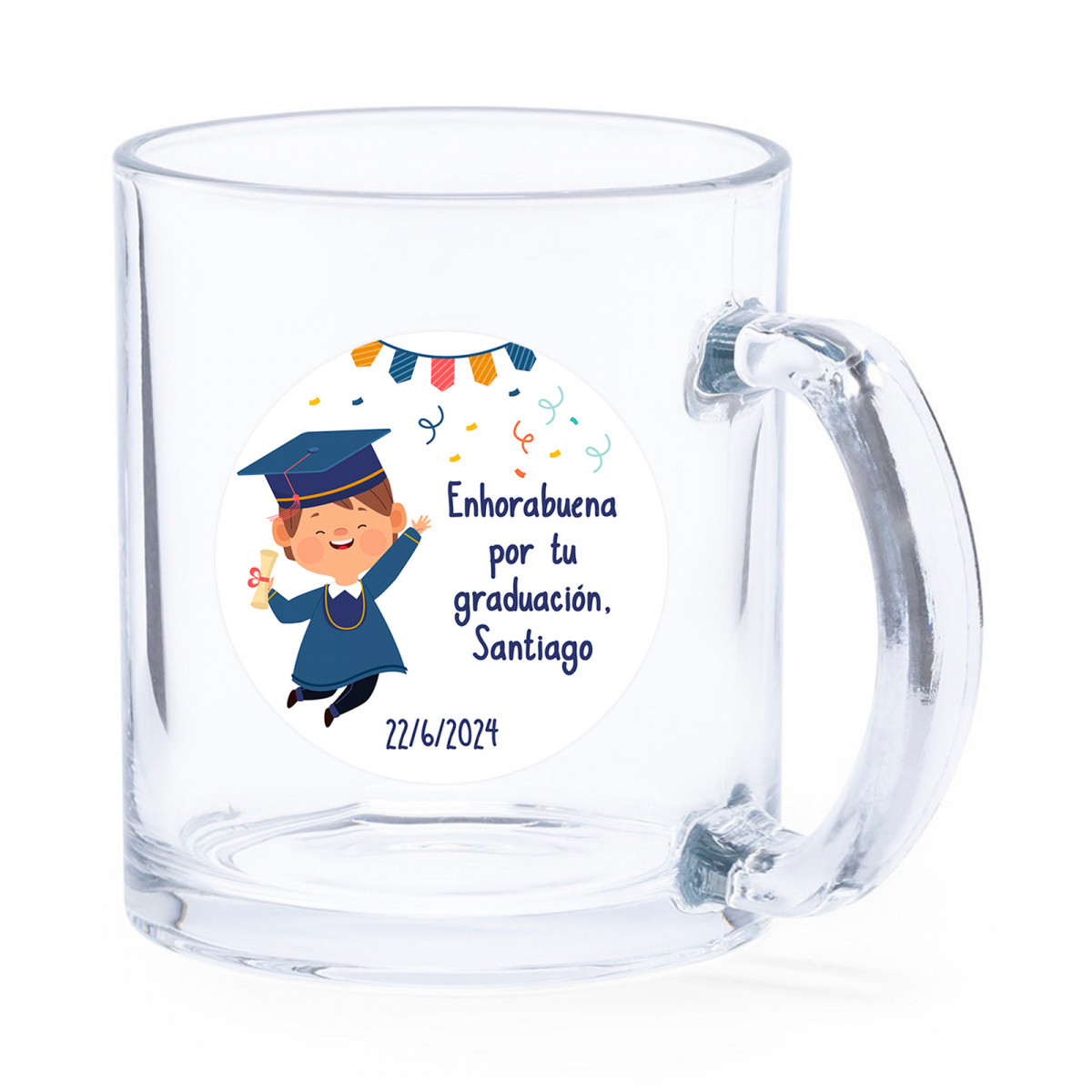 Tazza in vetro con adesivo di laurea personalizzato per ragazzi