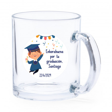 Tazza in vetro con adesivo di laurea personalizzato per ragazzi