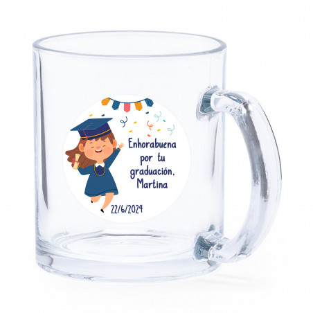 Tazza di vetro con adesivo personalizzato per la laurea della ragazza