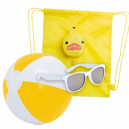 Occhiali da sole bianchi per bambini e pallone da spiaggia con zaino a forma di anatra