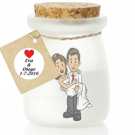 Candela profumata in vetro bianco con adesivi per matrimonio
