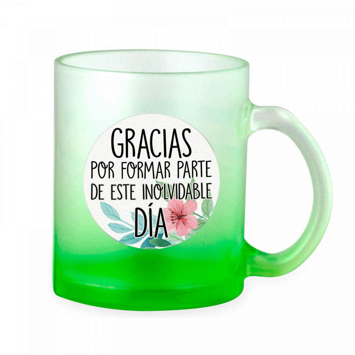 Tazza di vetro con manico e adesivo con frase di ringraziamento
