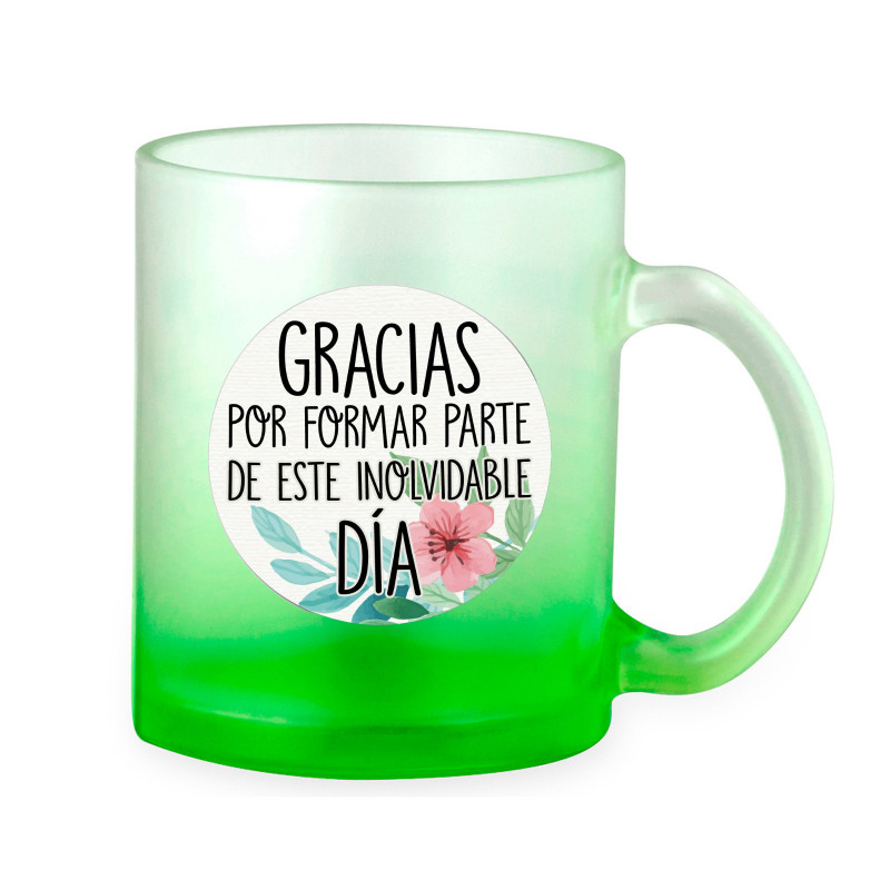 Tazza di vetro con manico e adesivo con frase di ringraziamento