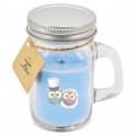 Candela in barattolo di vetro blu con adesivo personalizzato e decorazione per matrimoni