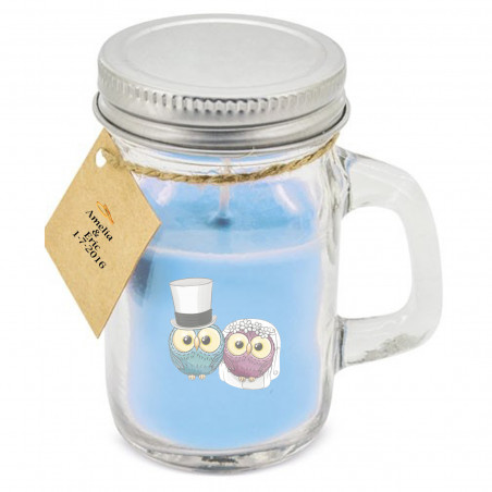 Candela in barattolo di vetro blu con adesivo personalizzato e decorazione per matrimoni