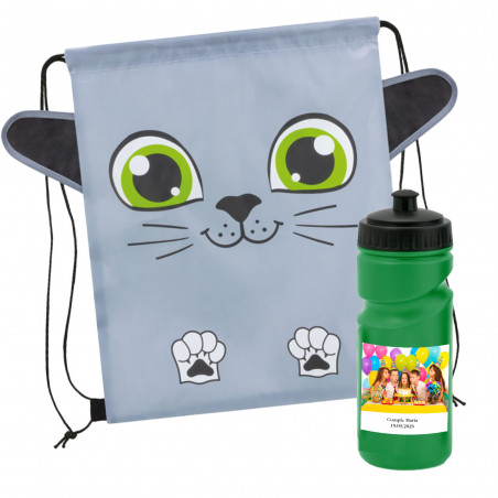 Zaino a forma di gatto con borraccia e adesivo personalizzato