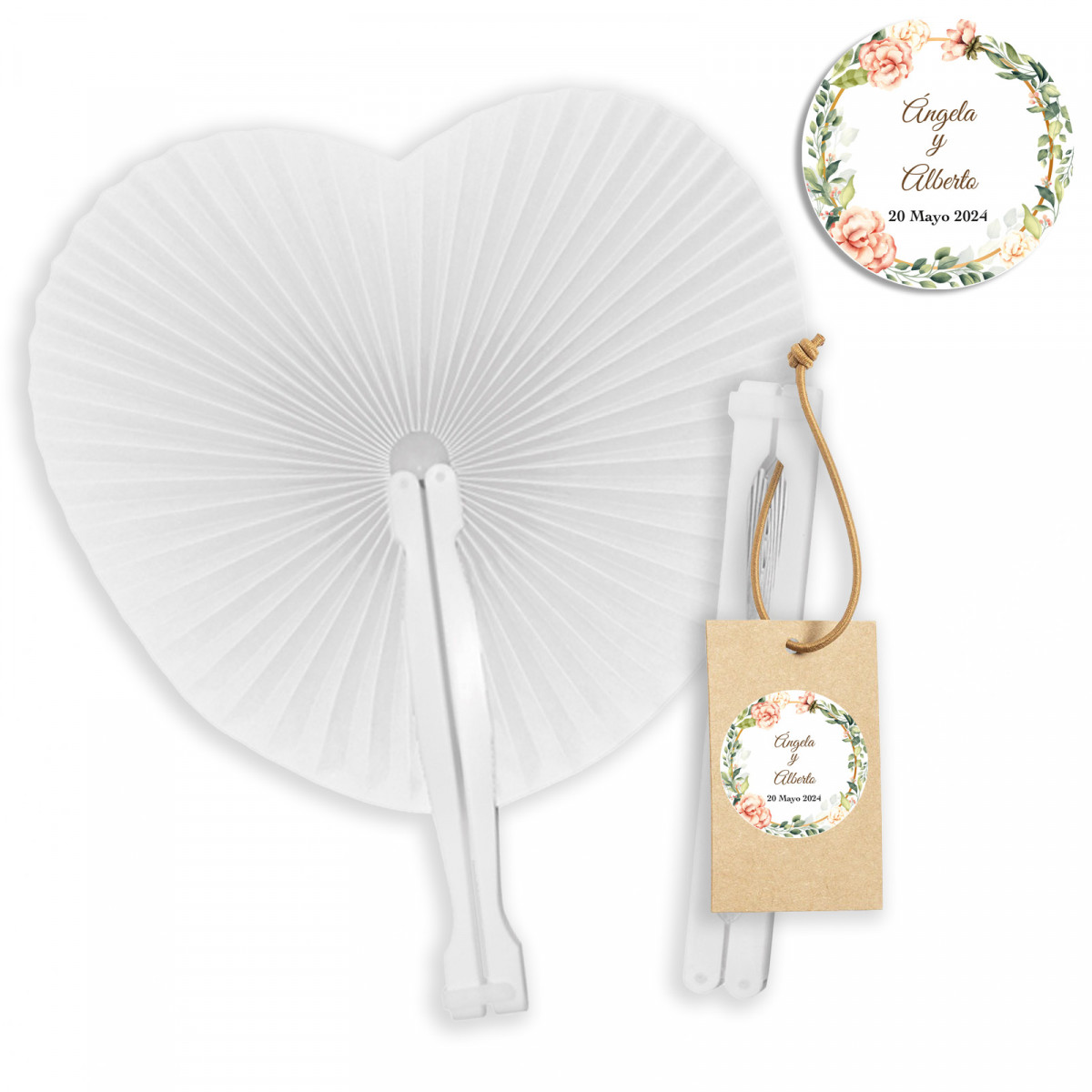 Ventaglio bianco personalizzato a forma di cuore con etichetta per matrimoni ed eventi