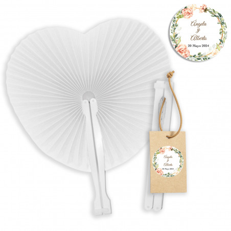 Ventaglio bianco personalizzato a forma di cuore con etichetta per matrimoni ed eventi