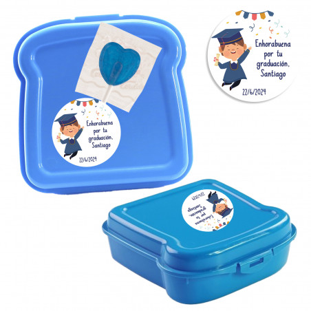 Lunch box sandwich con lecca-lecca a forma di cuore e adesivo di laurea personalizzato per ragazzo