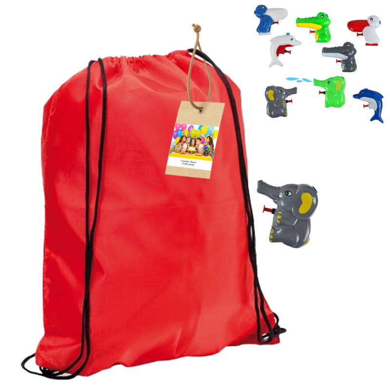 Zaino rosso con coulisse e pistola ad acqua a forma di animale con etichetta con foto personalizzata