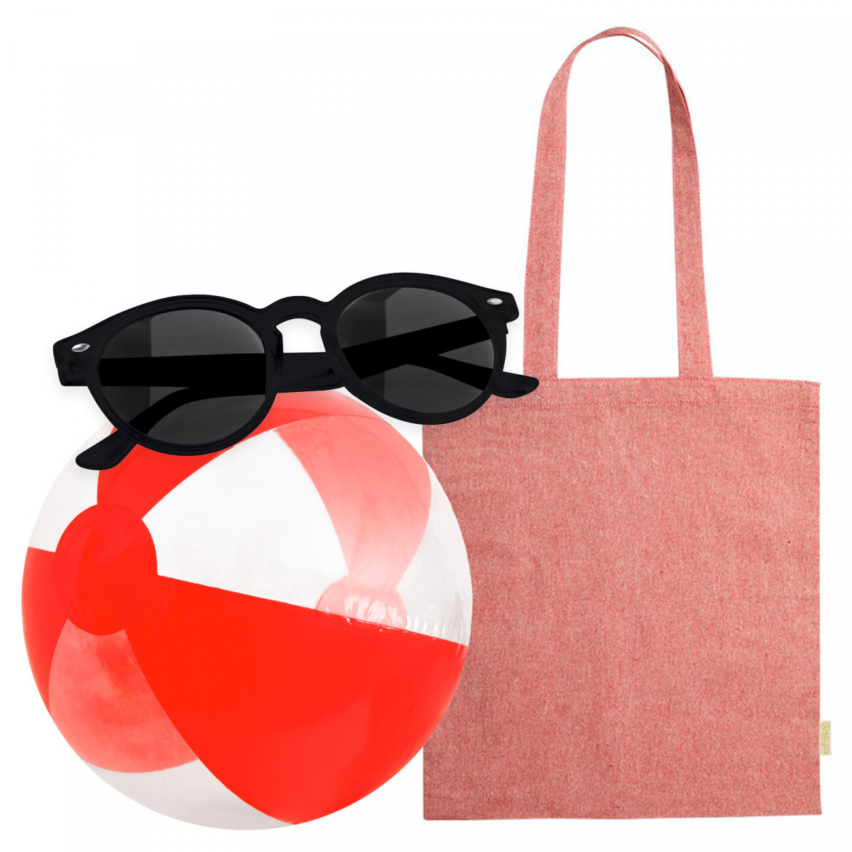 Occhiali da sole con borsa di stoffa e palla da spiaggia
