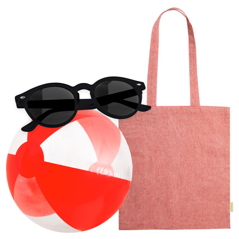 Occhiali da sole con borsa di stoffa e palla da spiaggia