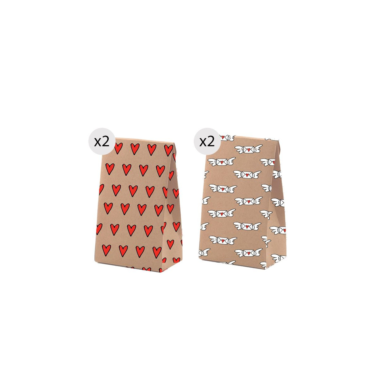 Set di 4 borse kraft di dimensione S con stampa divertente e romantica
