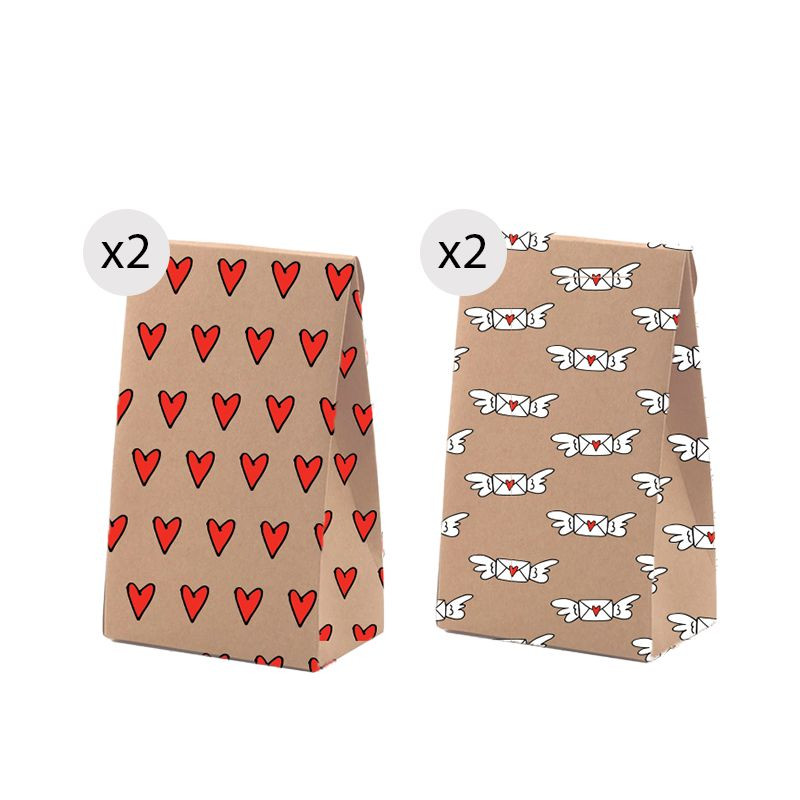 Set di 4 borse kraft di dimensione S con stampa divertente e romantica