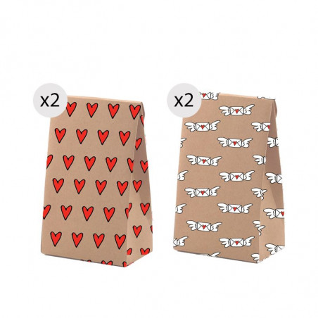 Set di 4 borse kraft di dimensione S con stampa divertente e romantica
