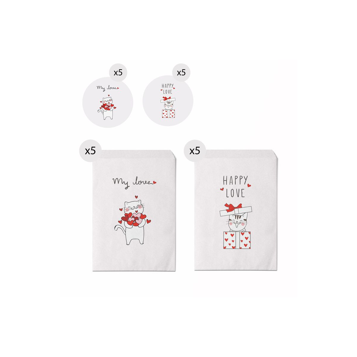 Set di 10 buste di dimensioni 13x16 con gattini e messaggi d'amore