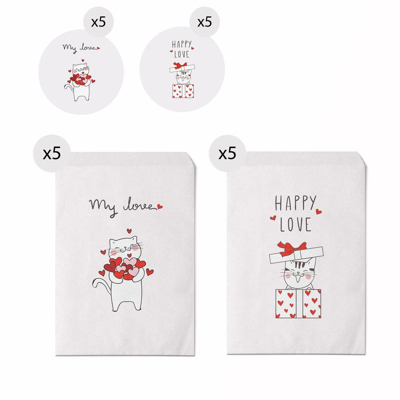 Set di 10 buste di dimensioni 13x16 con gattini e messaggi d'amore