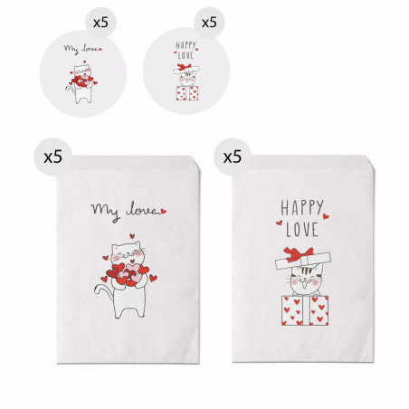 Set di 10 buste di dimensioni 13x16 con gattini e messaggi d'amore