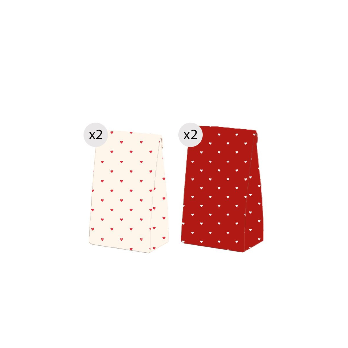 Set di 4 sacchetti con cuori rossi e bianchi di dimensioni S