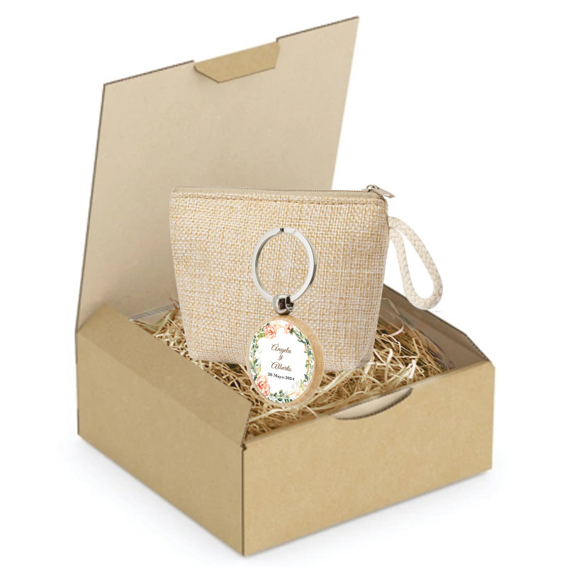 Borsa da donna con portachiavi rustico in una grande scatola regalo di cartone