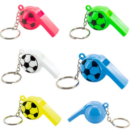Confezione da 5 portachiavi colorati con fischietto giocattolo e pallone da calcio per bambini