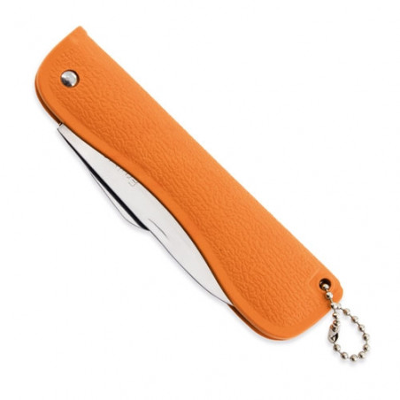 Coltello multiuso con lama in metallo e manico in plastica arancione per appendere