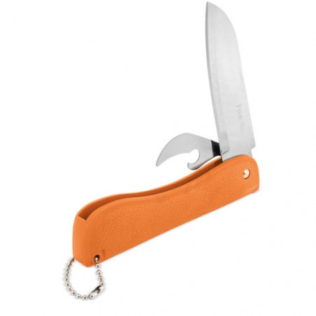 Coltello multiuso con lama in metallo e manico in plastica arancione per appendere