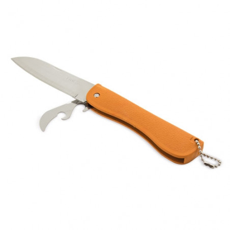 Coltello multiuso con lama in metallo e manico in plastica arancione per appendere