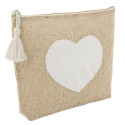 Beauty case in iuta con cuore in tessuto e nappina in colore naturale