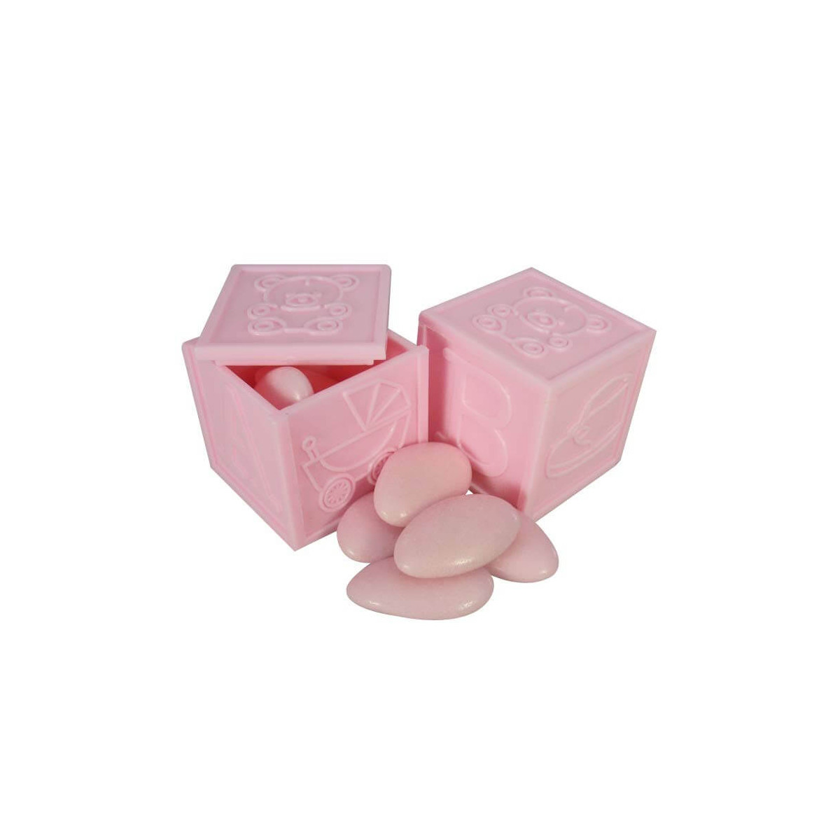 Scatola con motivi per bambini riempita di confetti