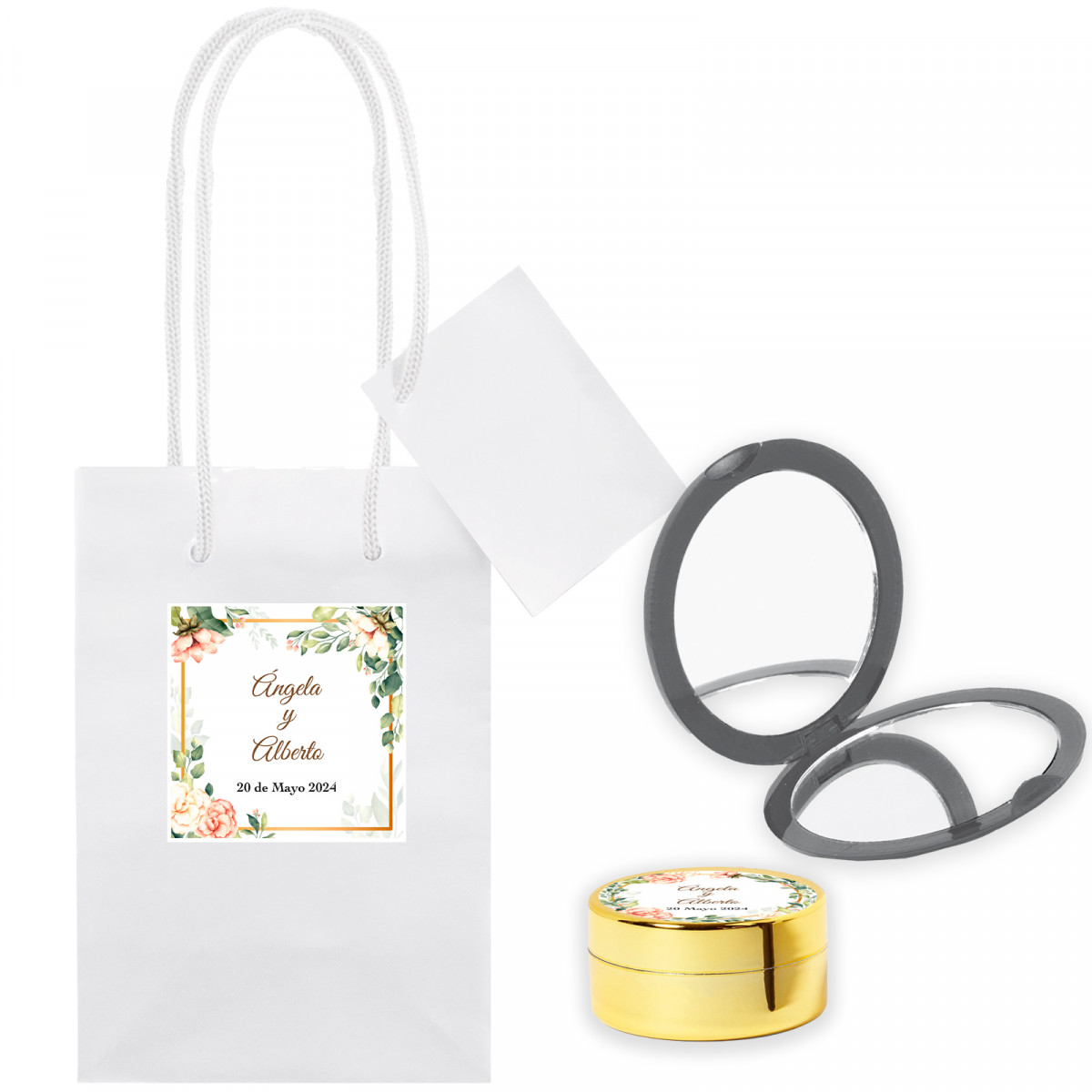 Balsamo labiale personalizzato con specchio presentato in borsa personalizzata per dettagli matrimonio