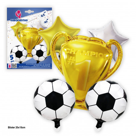 Set di palloncini da 5 unità con forme di palline, coppe e stelle in oro e bianco