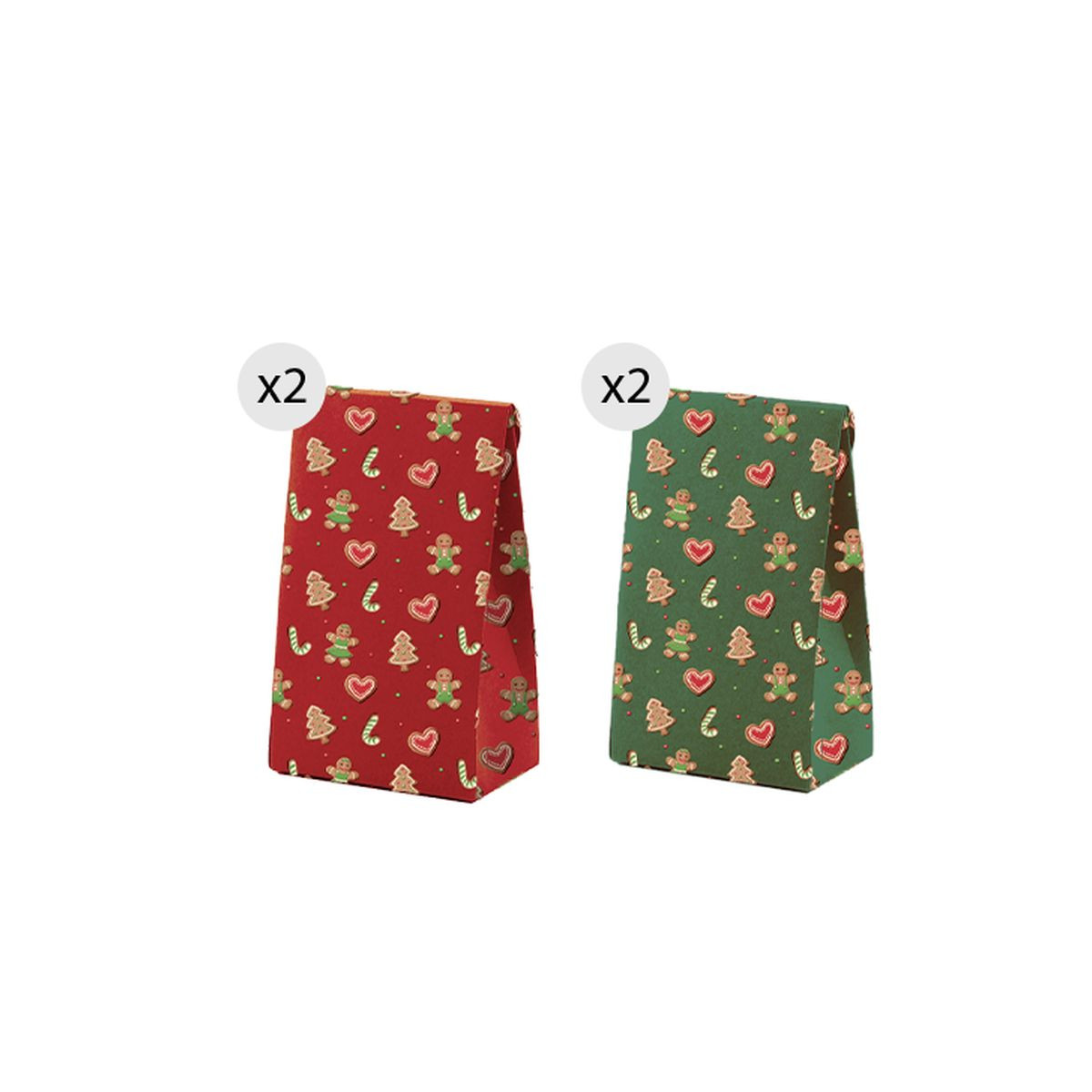 Sacchetti per Natale 4 unità 11.5x14cm verde e rosso con motivi