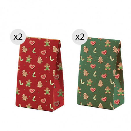 Sacchetti per Natale 4 unità 11.5x14cm verde e rosso con motivi