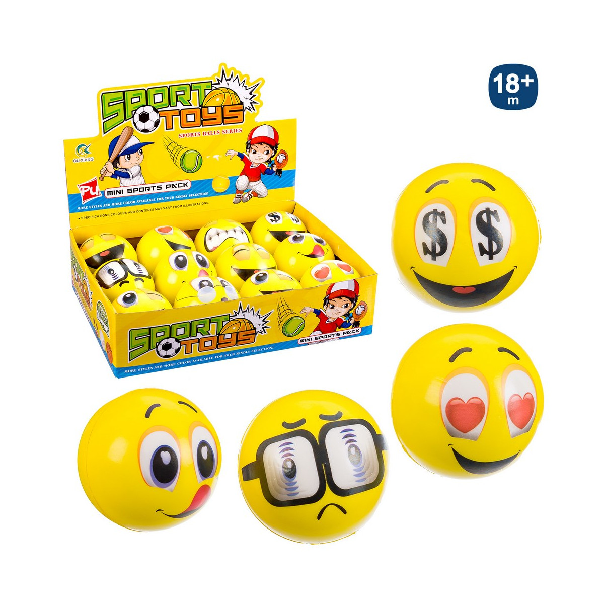 Palla in schiuma con design emoticon da 10 cm. per ragazzi e ragazze