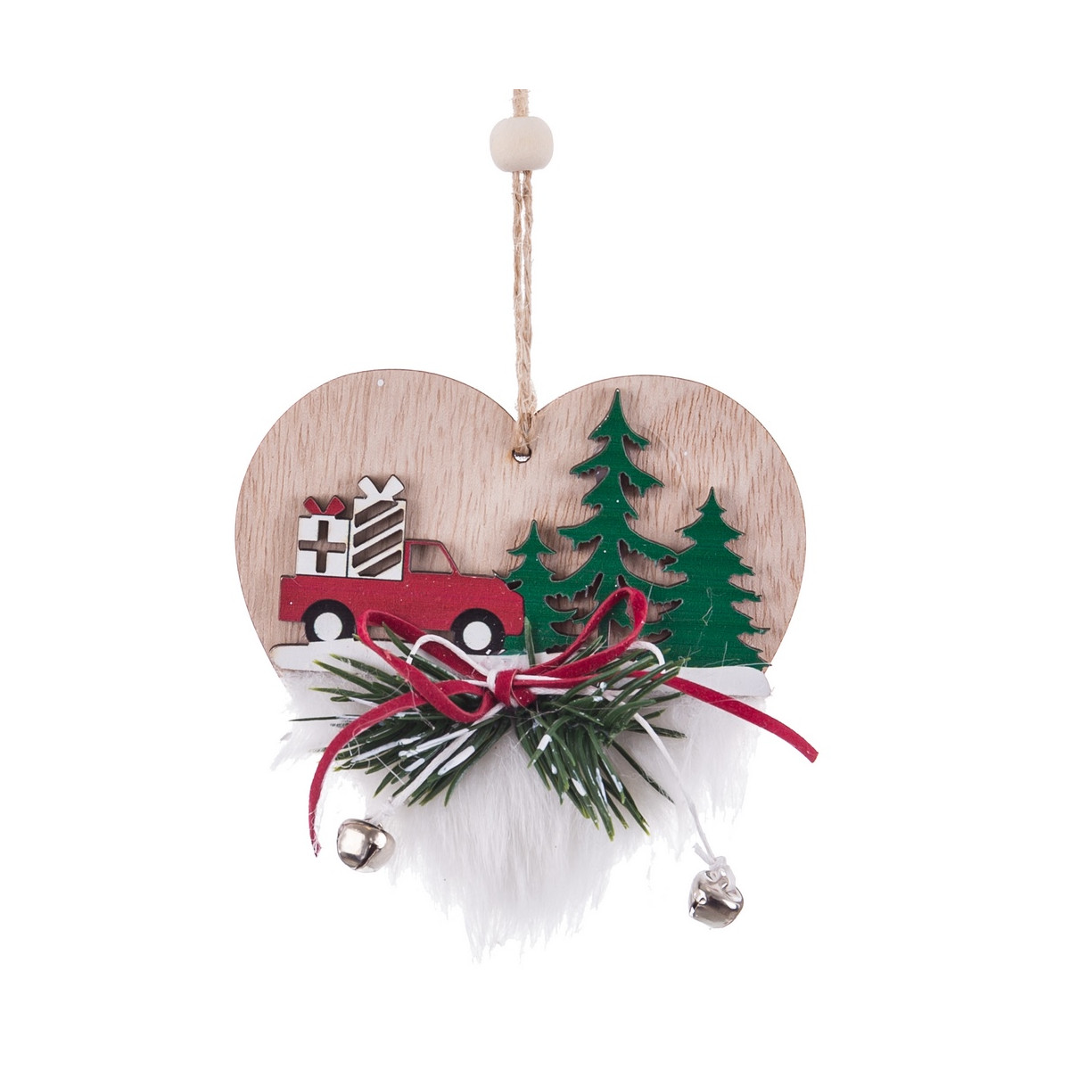 Decorazione natalizia in legno a forma di cuore Decorazione rustica con camion e abeti