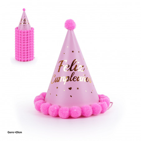 Cappello rosa con testo Felice Compleanno in oro metalizzato 20cm